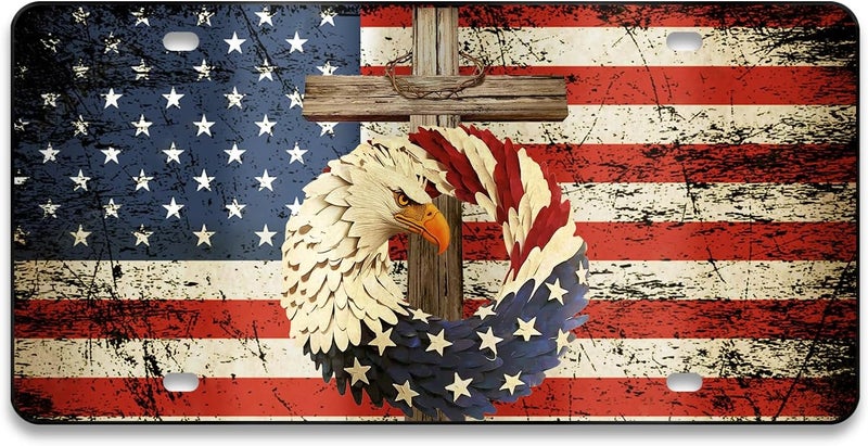 MCIAONE Front License Plate Eagle - American Flag License Plate with Eagle, Aluminum Cross Decorative License Plates Christian Novelty Vanity Tag, Car Decor Accessory with 4 Holes, 6×12 inch Car License Decor - Image 1